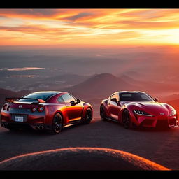 A breathtaking wallpaper scene featuring a Nissan GTR R35 and a Toyota Supra parked side by side on a scenic overlook