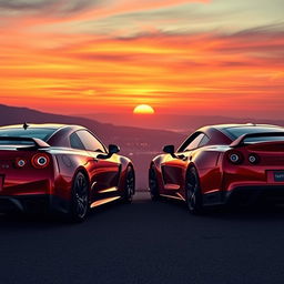 A breathtaking wallpaper scene featuring a Nissan GTR R35 and a Toyota Supra parked side by side on a scenic overlook