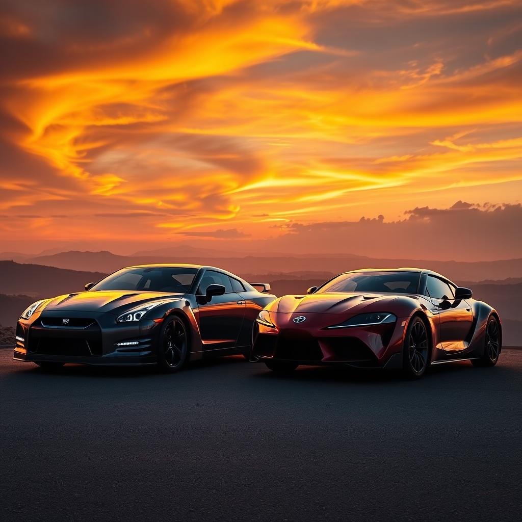 A stunning horizontal wallpaper scene featuring a Nissan GTR R35 and a Toyota Supra parked side by side on a scenic overlook during a vibrant sunrise