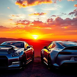 A stunning horizontal wallpaper scene featuring a Nissan GTR R35 and a Toyota Supra parked side by side on a scenic overlook during a vibrant sunrise