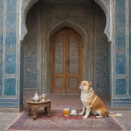 A dog sitting and sipping tea in a quintessential Iranian setting, embellished with traditional architectural elements and intricate Persian designs.