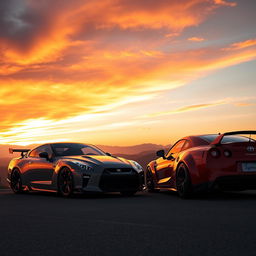 A stunning horizontal wallpaper scene featuring a Nissan GTR R35 and a Toyota Supra parked side by side on a scenic overlook during a vibrant sunrise