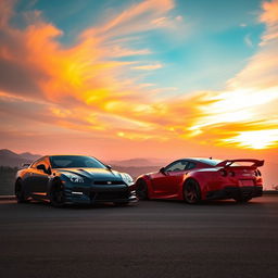 A stunning horizontal wallpaper scene featuring a Nissan GTR R35 and a Toyota Supra parked side by side on a scenic overlook during a vibrant sunrise