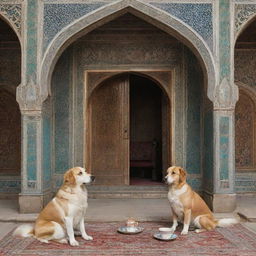 A dog sitting and sipping tea in a quintessential Iranian setting, embellished with traditional architectural elements and intricate Persian designs.