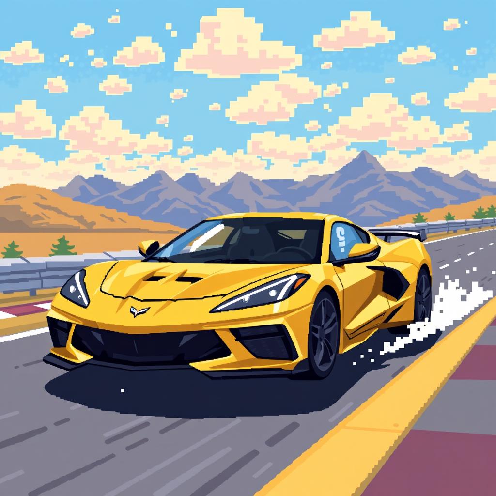 A charming pixel art depiction of a Corvette C8 in a captivating matte gold finish, driving energetically on a pixelated race track