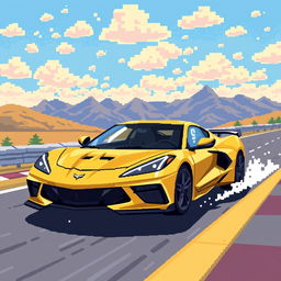 A charming pixel art depiction of a Corvette C8 in a captivating matte gold finish, driving energetically on a pixelated race track