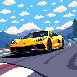 A charming pixel art depiction of a Corvette C8 in a captivating matte gold finish, driving energetically on a pixelated race track