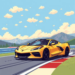 A charming pixel art depiction of a Corvette C8 in a captivating matte gold finish, driving energetically on a pixelated race track