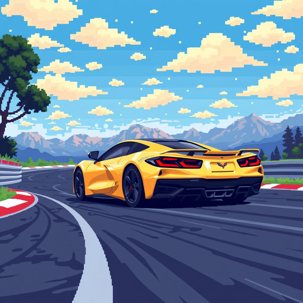 A charming pixel art depiction of a Corvette C8 in a captivating matte gold finish, driving energetically on a pixelated race track