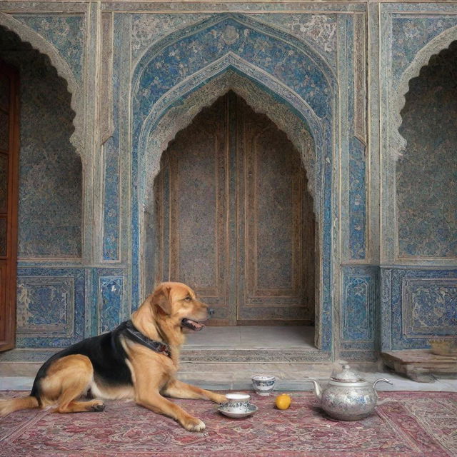 A dog sitting and sipping tea in a quintessential Iranian setting, embellished with traditional architectural elements and intricate Persian designs.