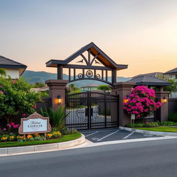 A beautiful residential gate entrance, showcasing a stunning blend of modern and traditional architecture