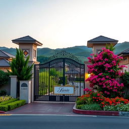 A beautiful residential gate entrance, showcasing a stunning blend of modern and traditional architecture