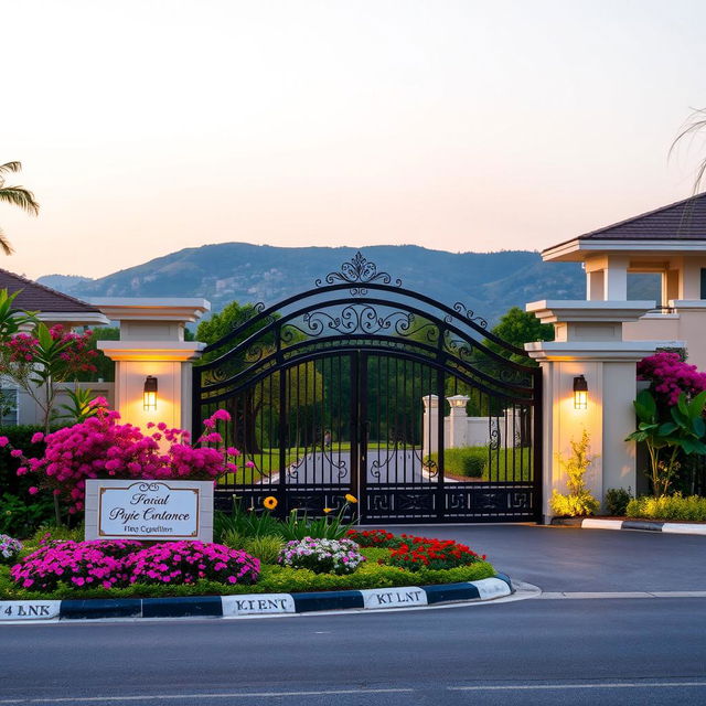 A beautiful residential gate entrance, showcasing a stunning blend of modern and traditional architecture