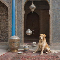 A dog sitting and sipping tea in a quintessential Iranian setting, embellished with traditional architectural elements and intricate Persian designs.