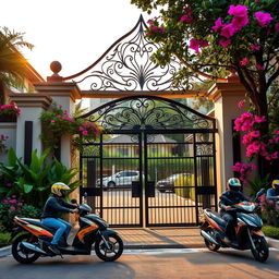 A captivating scene of a residential gate entrance combined with a bustling motorcycle taxi (ojek) stand