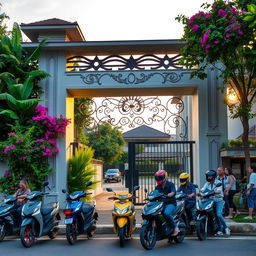 A captivating scene of a residential gate entrance combined with a bustling motorcycle taxi (ojek) stand