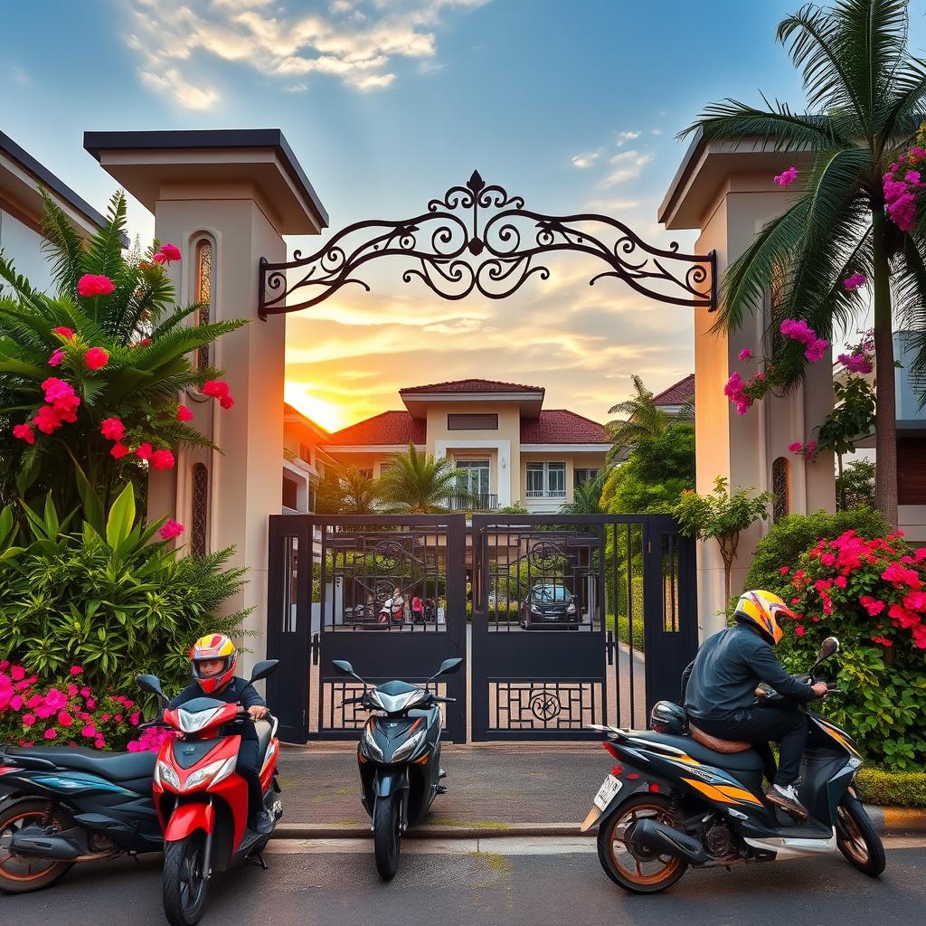 A captivating scene of a residential gate entrance combined with a bustling motorcycle taxi (ojek) stand