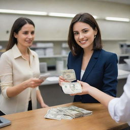 A confident woman at a bustling bank counter, submitting a bundled stack of crisp cash notes for deposit, with the clerk counting them meticulously.