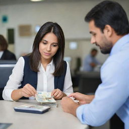 A confident woman at a bustling bank counter, submitting a bundled stack of crisp cash notes for deposit, with the clerk counting them meticulously.