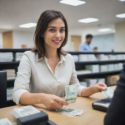 A confident woman at a bustling bank counter, submitting a bundled stack of crisp cash notes for deposit, with the clerk counting them meticulously.