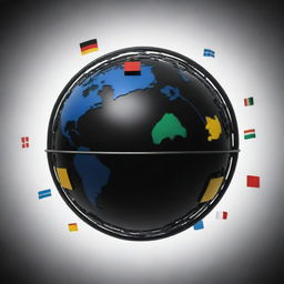 Create a black icon representing globalization as a phenomenon, with symbols of worldwide integration like planet earth, international flags, and technology nodes.