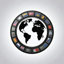 Create a black icon representing globalization as a phenomenon, with symbols of worldwide integration like planet earth, international flags, and technology nodes.