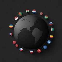 Create a black icon representing globalization as a phenomenon, with symbols of worldwide integration like planet earth, international flags, and technology nodes.