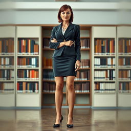 A stern 40-year-old female school principal standing full-length, dressed in sheer nylon stockings and white socks inside elegant high-heeled shoes