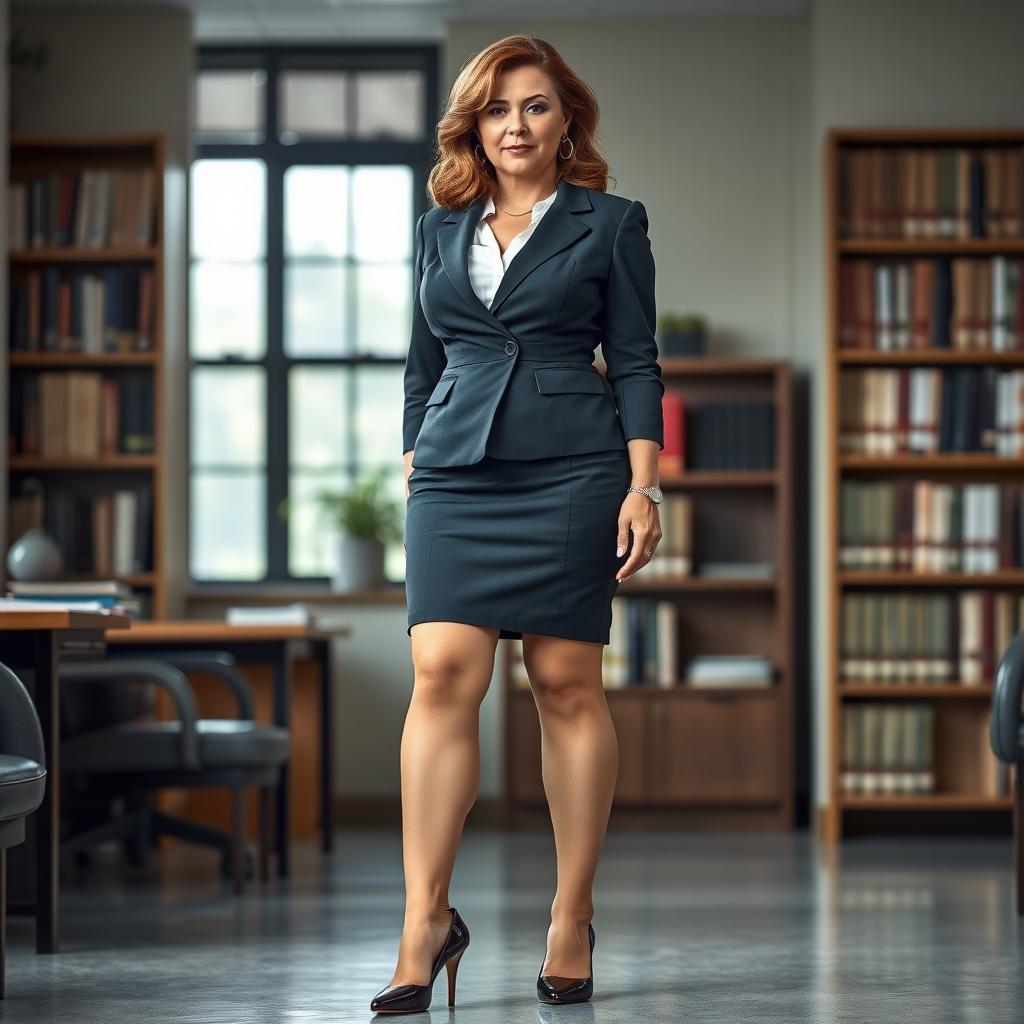 A 40-year-old female school principal with curvy features, standing full-length