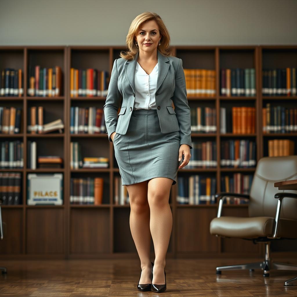 A 40-year-old female school principal with curvy features, standing full-length