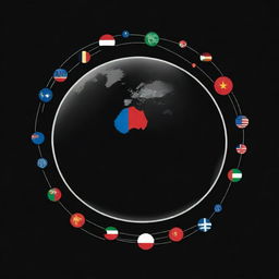 Create a black icon representing globalization as a phenomenon, with symbols of worldwide integration like planet earth, international flags, and technology nodes.