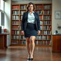 A 40-year-old female school principal with curvy features, standing full-length