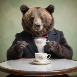 A bear elegantly sipping tea while wearing glasses