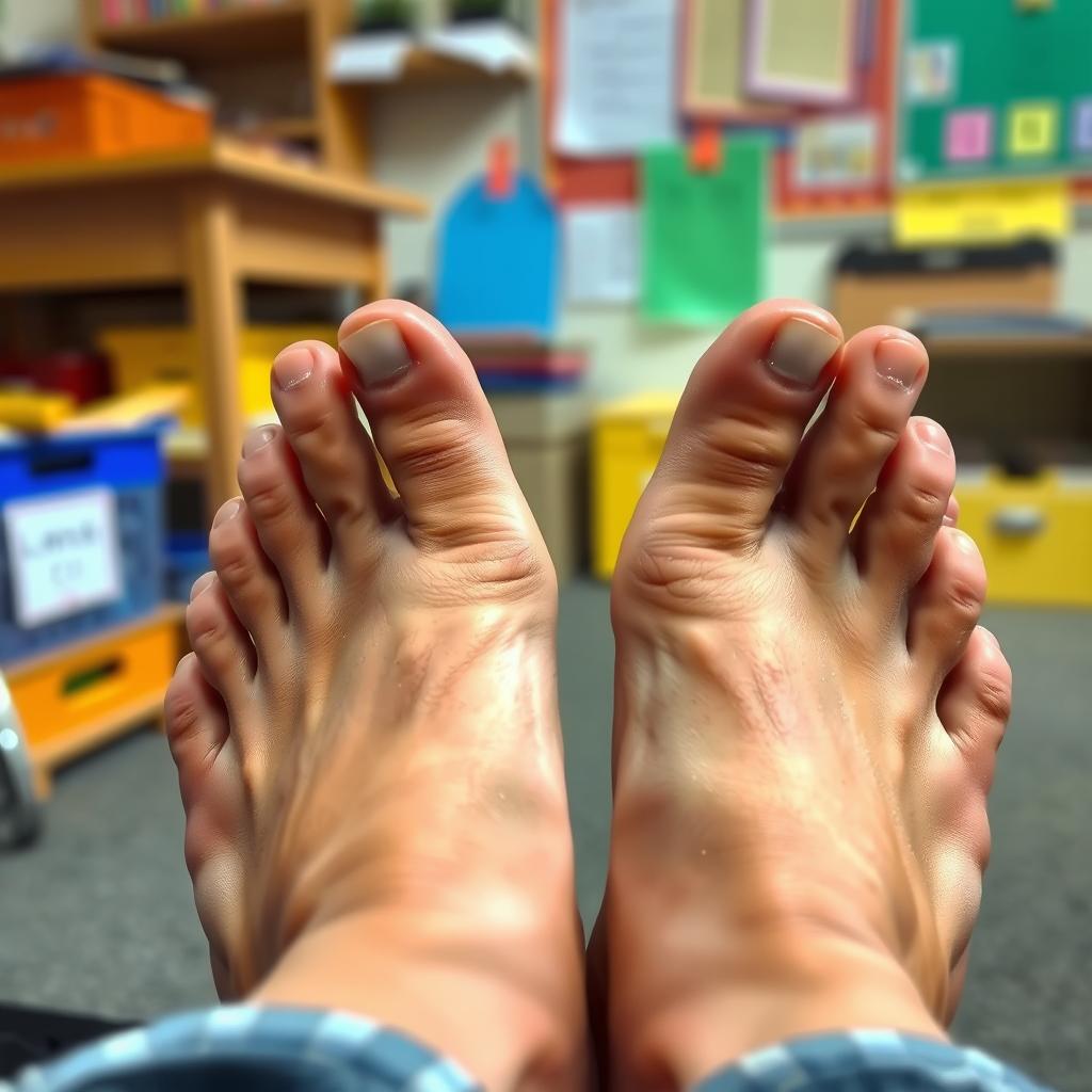 Close-up of a teacher's feet, showcasing her toes and soles, slightly glistening with sweat