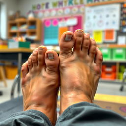 Close-up of a teacher's feet, showcasing her toes and soles, slightly glistening with sweat