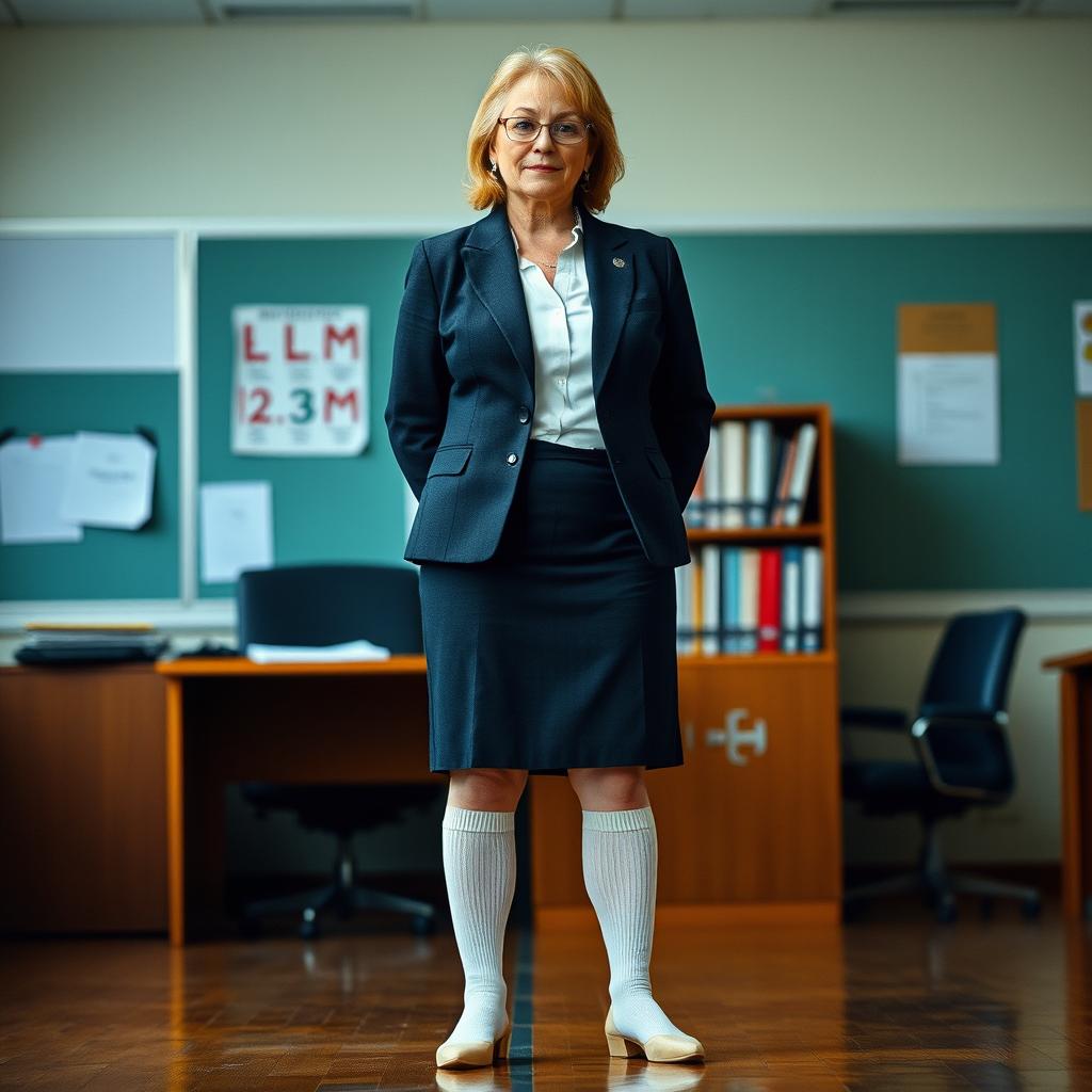 A school principal standing in a formal setting, wearing white socks that appear slightly damp, conveying a sense of a long day at work