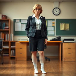 A school principal standing in a formal setting, wearing white socks that appear slightly damp, conveying a sense of a long day at work