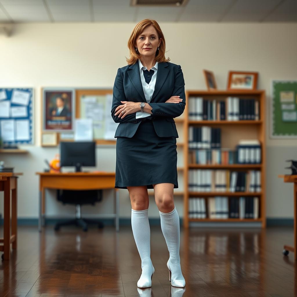 A school principal standing in a formal setting, wearing white socks that appear slightly damp, conveying a sense of a long day at work