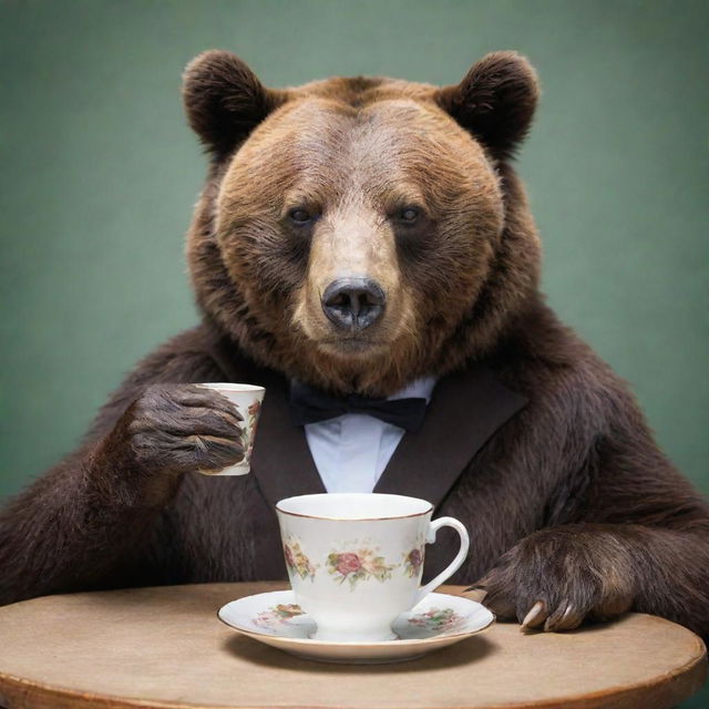 A bear elegantly sipping tea while wearing glasses