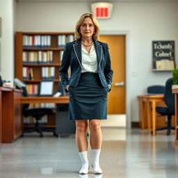 A school principal standing in a formal setting, wearing white socks that appear slightly damp, conveying a sense of a long day at work