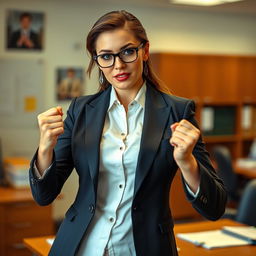 An empowered female principal in an office setting, exuding confidence and authority