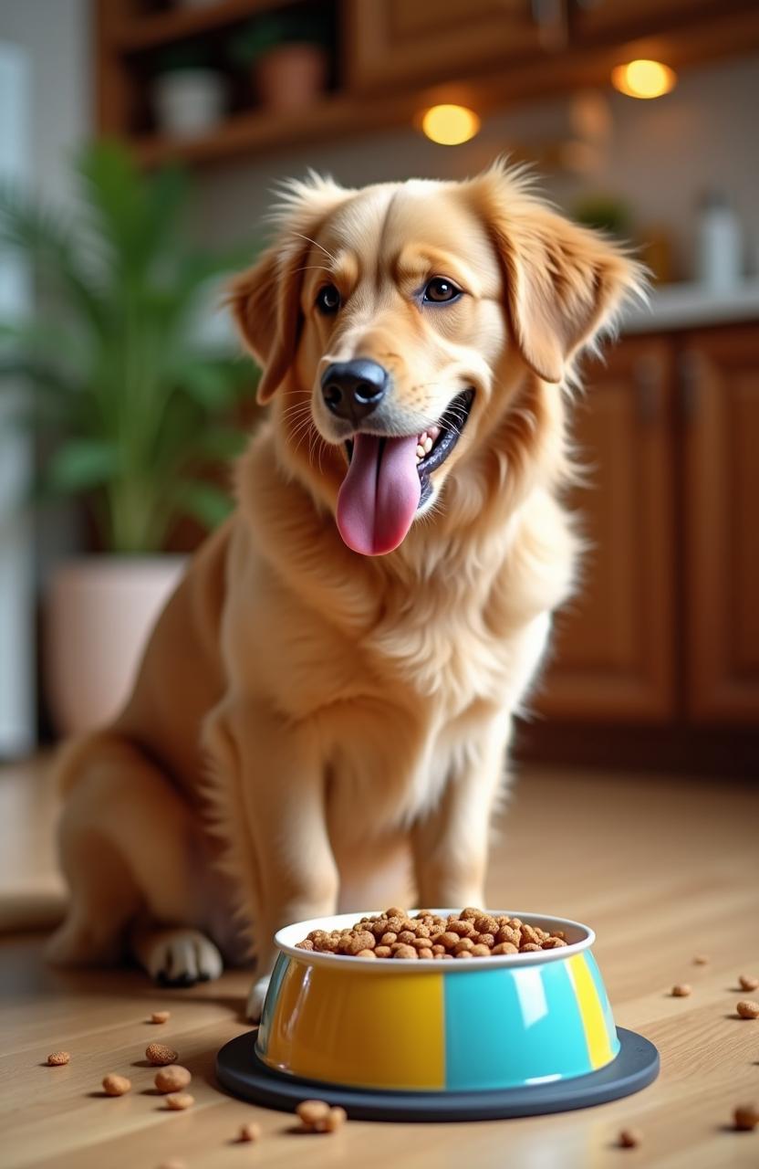 A cheerful dog enjoying its dinner from a colorful bowl, sitting on a cozy kitchen floor with some scattered kibble around