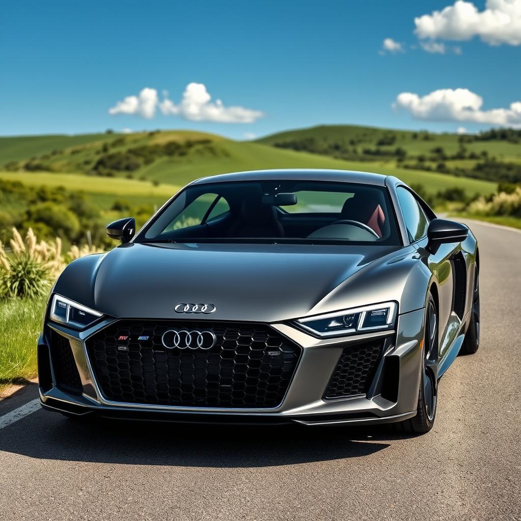 A sleek and modern Audi car in a stunning Nardo Grey color, parked on a scenic road surrounded by lush greenery and blue sky