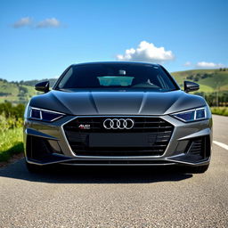 A sleek and modern Audi car in a stunning Nardo Grey color, parked on a scenic road surrounded by lush greenery and blue sky