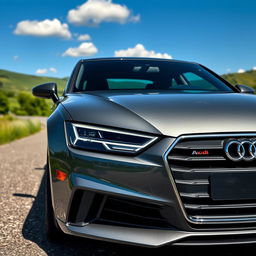 A sleek and modern Audi car in a stunning Nardo Grey color, parked on a scenic road surrounded by lush greenery and blue sky