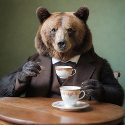 A bear elegantly sipping tea while wearing glasses