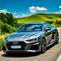 A sleek and modern Audi car in a stunning Nardo Grey color, parked on a scenic road surrounded by lush greenery and blue sky