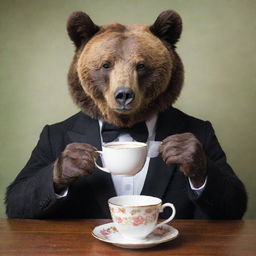 A bear elegantly sipping tea while wearing glasses