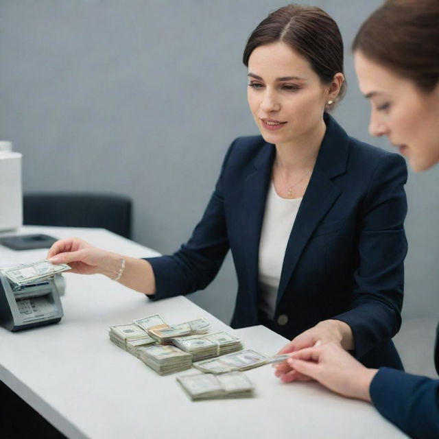 A businesslike woman in a secure bank, placing a stack of cash onto the counter for deposit, with a professional bank teller accurately counting the banknotes.