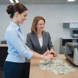 A businesslike woman in a secure bank, placing a stack of cash onto the counter for deposit, with a professional bank teller accurately counting the banknotes.